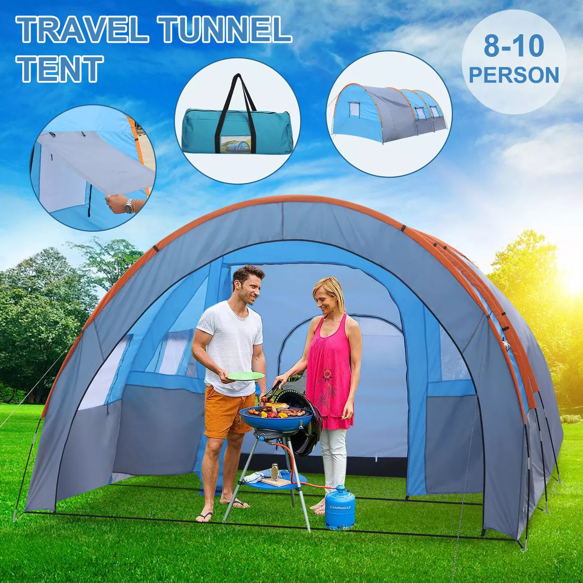 Large Tunnel Tent 8-10 Person Huge Family Tent House for Outdoor Camping Party
