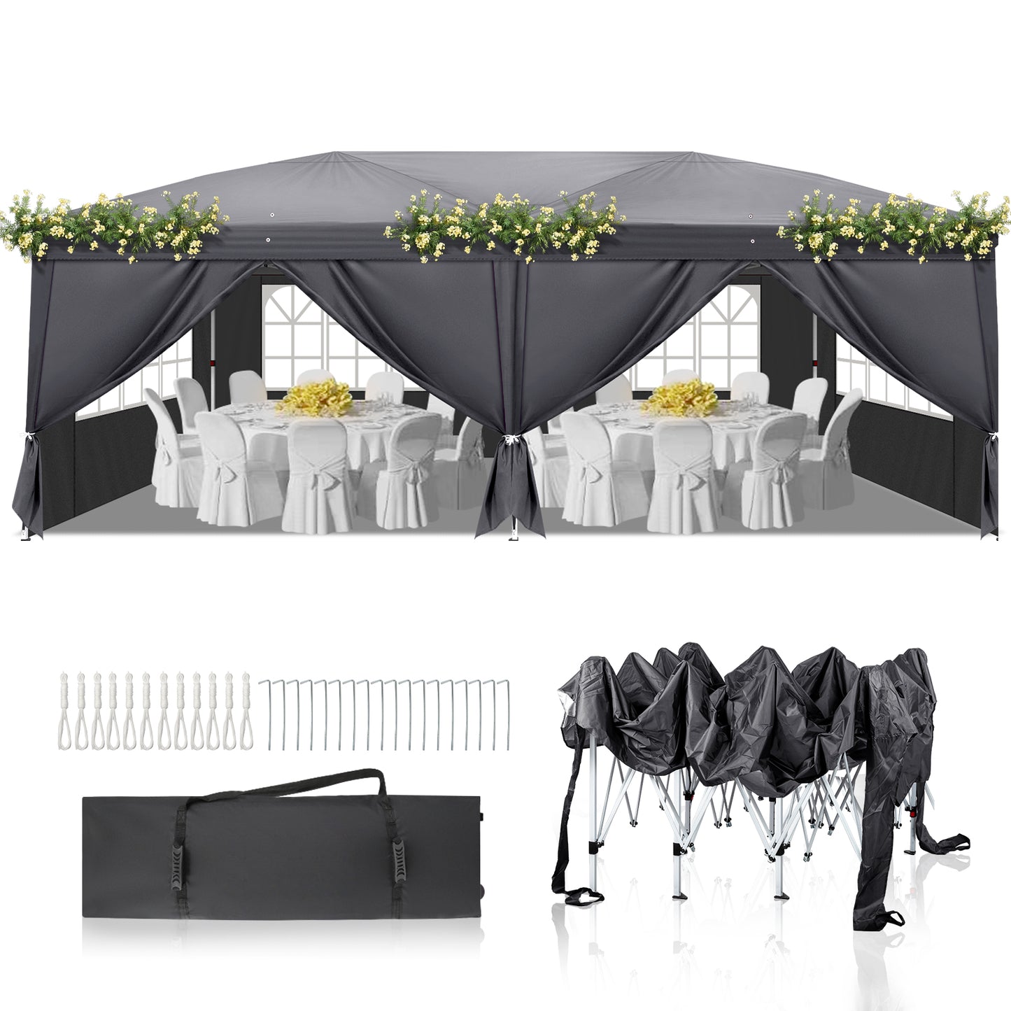 3x6M Pop up blue Gazebo Heavy Duty Large Canopy Tent w/ 6 Sidewalls & Carrying Bag