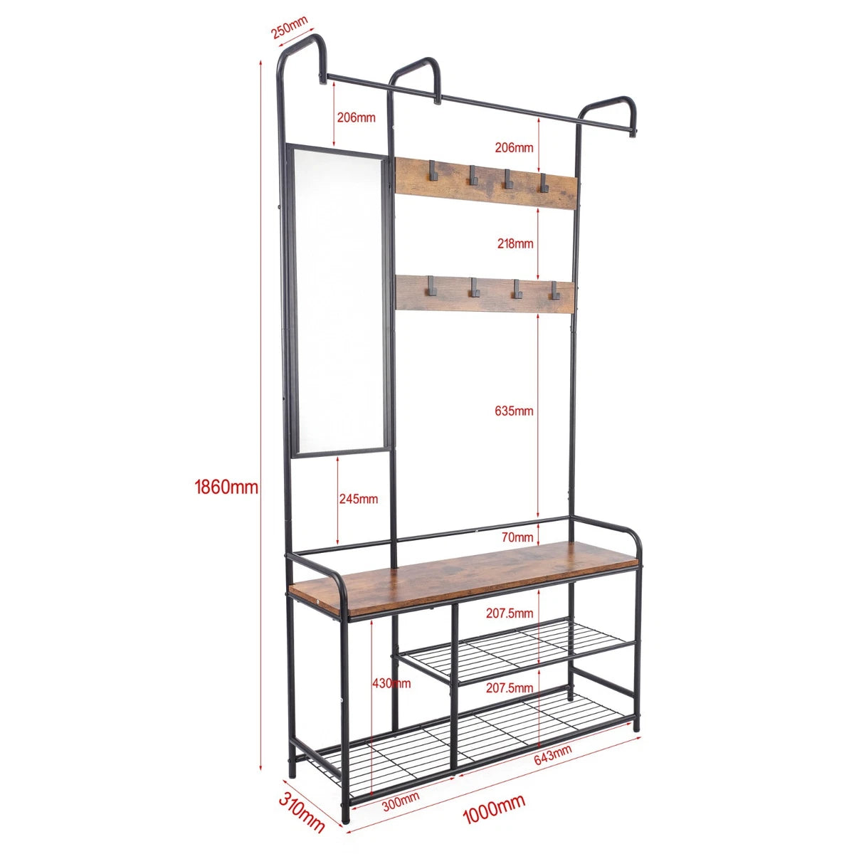 Entryway Hallway Coat Hanger Stand & Shoe Bench Storage Display Rack with Mirror