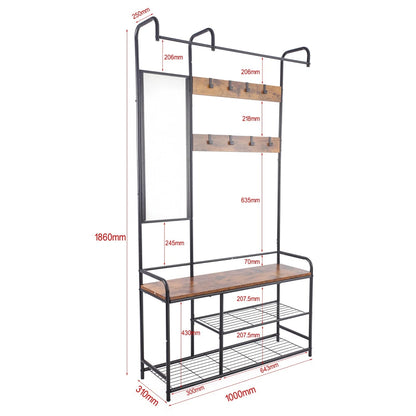 Entryway Hallway Coat Hanger Stand & Shoe Bench Storage Display Rack with Mirror