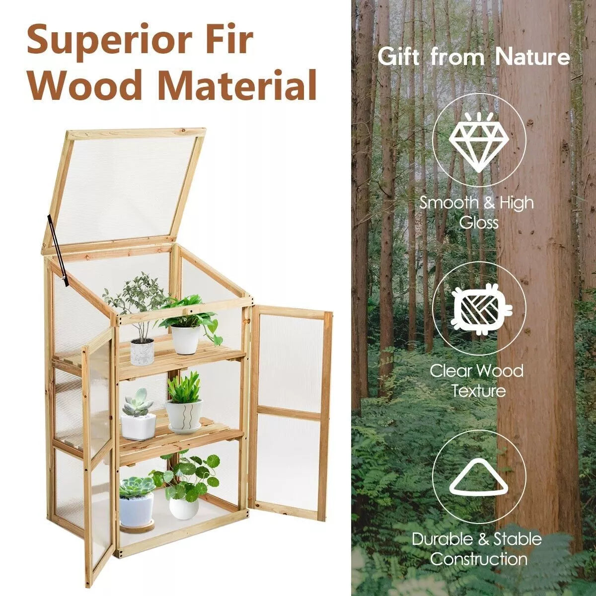 Mini Wooden Cold Frame Greenhouse Outdoor 3-Tier Raised Flower Planter Shelf