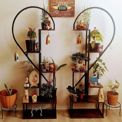 6 Tier Metal Plant Stand Indoor Half Heart Shaped Flower Shelf W/ Hanging Hooks