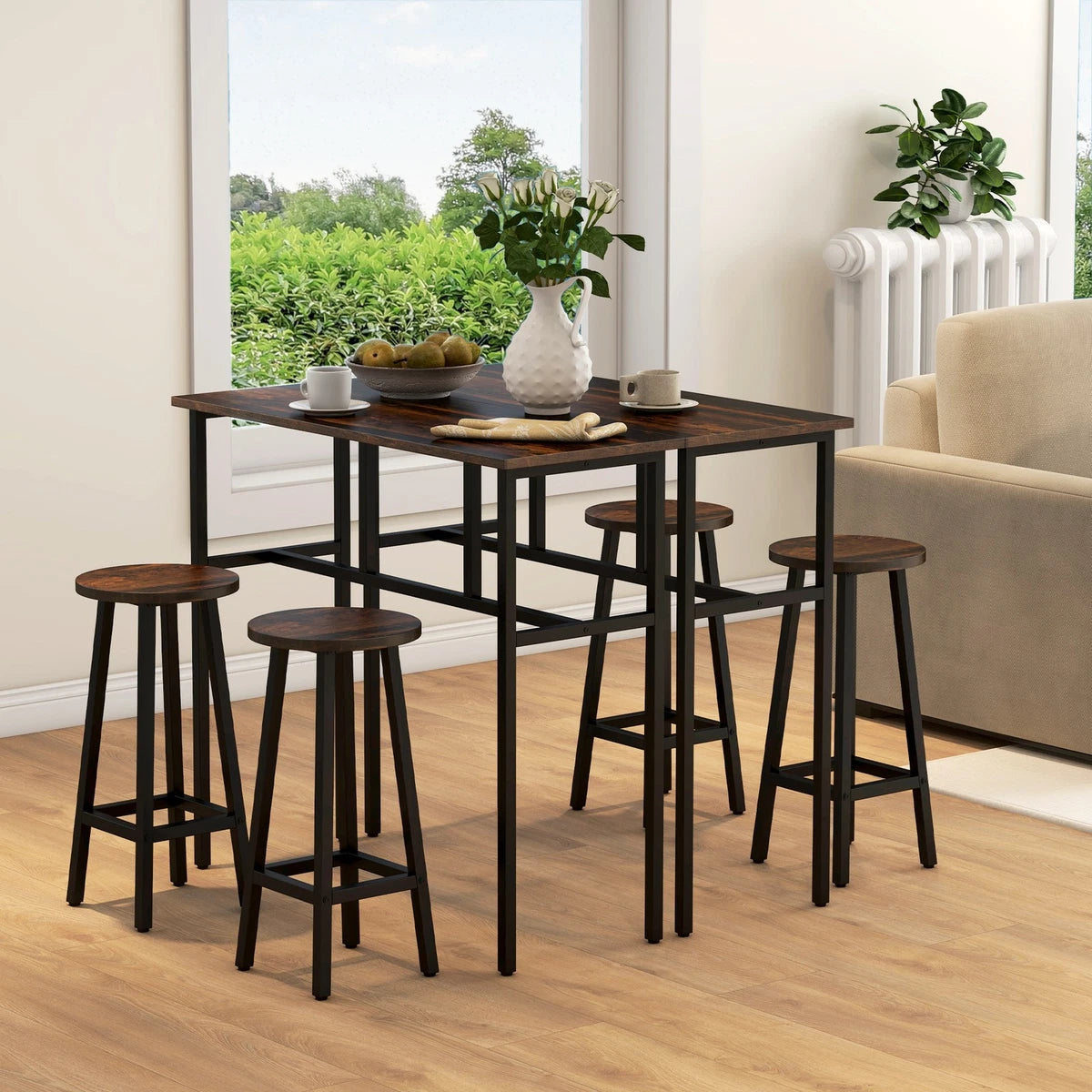 6-Piece Industrial Bar Table Set, 2 Kitchen Tables with 4 Stools, Brown