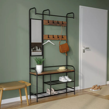 Entryway Hallway Coat Hanger Stand & Shoe Bench Storage Display Rack with Mirror