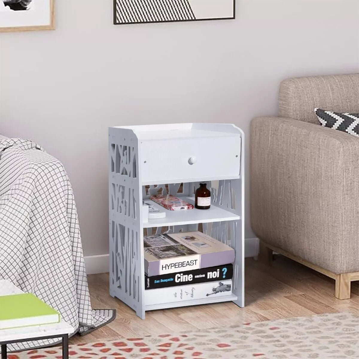 Bedside Table White Drawer Cabinet Small Side End Table Nightstand Storage Shelf