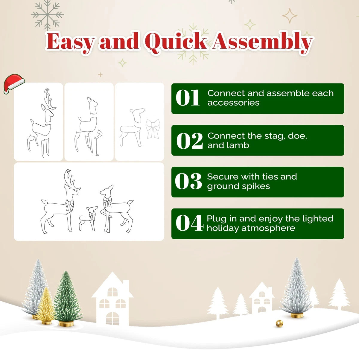 3pcs 4FT Lighted Christmas Rattan Reindeer Xmas Decoration Deer Family Set Brown