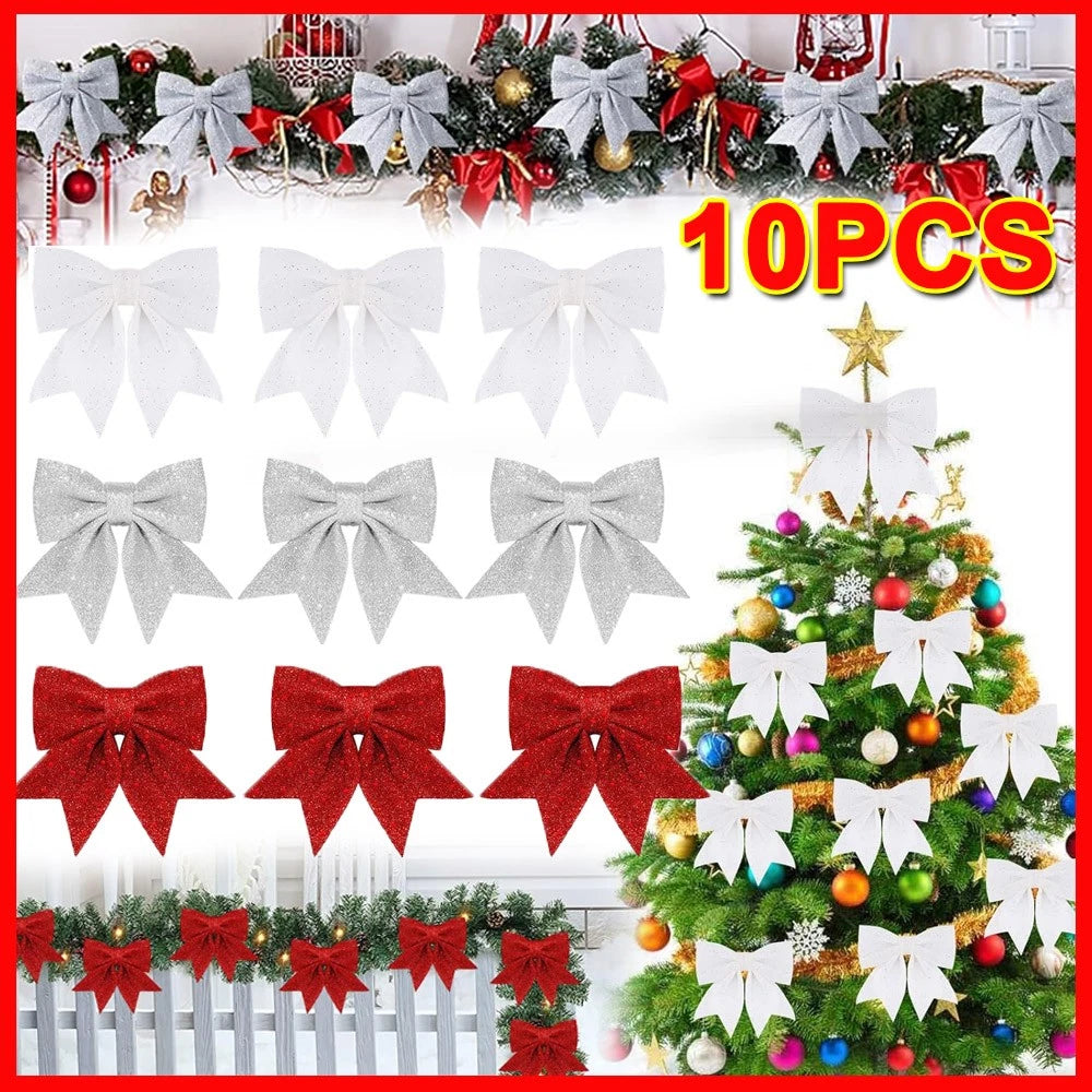 10Pcs Glitter Bows Christmas Tree Big Bowknot Ornaments Xmas Party Present Gifts