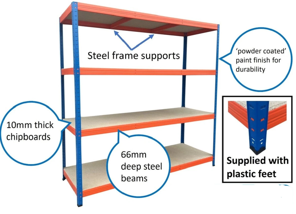 4 Tier Industrial Warehouse Racking Shelving 300kg/ Shelve Extra Heavy Duty Storage Thick Post & Shelves 150H x180L x45Wcm