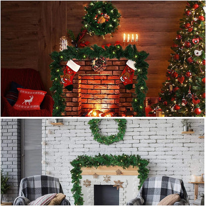 9ft Bushy Pine XMAS Christmas Garland with Lights for Stairs Outdoor Decorations