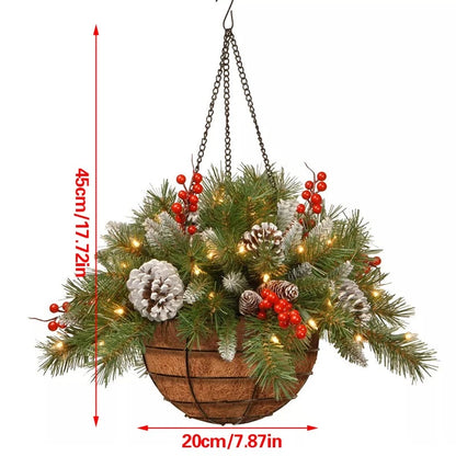 Artificial Christmas Hanging Basket, w/Led Light& Frosted Pine Cones Berry Decor