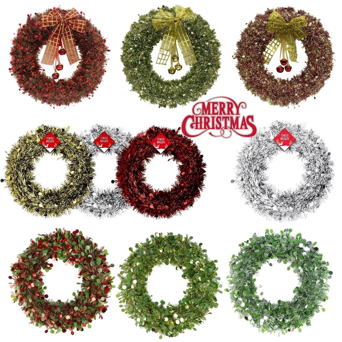 42cm Large Christmas Tinsel Wreath Gold 'Red and silver, Wall Window Door Hanging Decoration