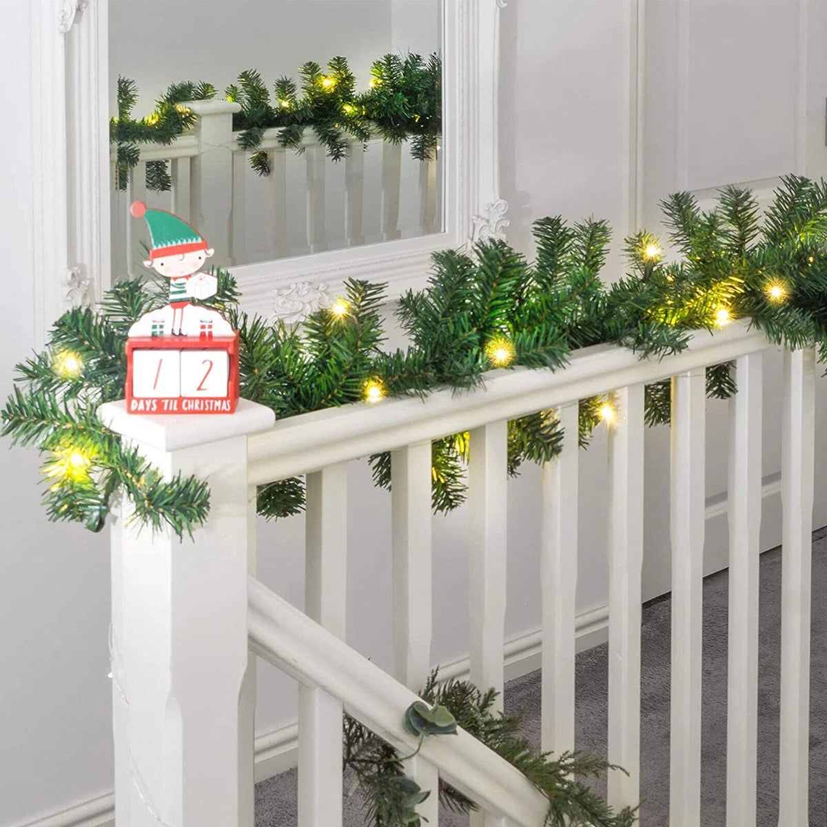 9ft Bushy Pine XMAS Christmas Garland with Lights for Stairs Outdoor Decorations