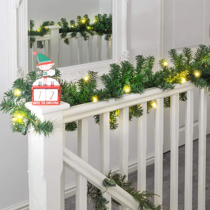 9ft Bushy Pine XMAS Christmas Garland with Lights for Stairs Outdoor Decorations