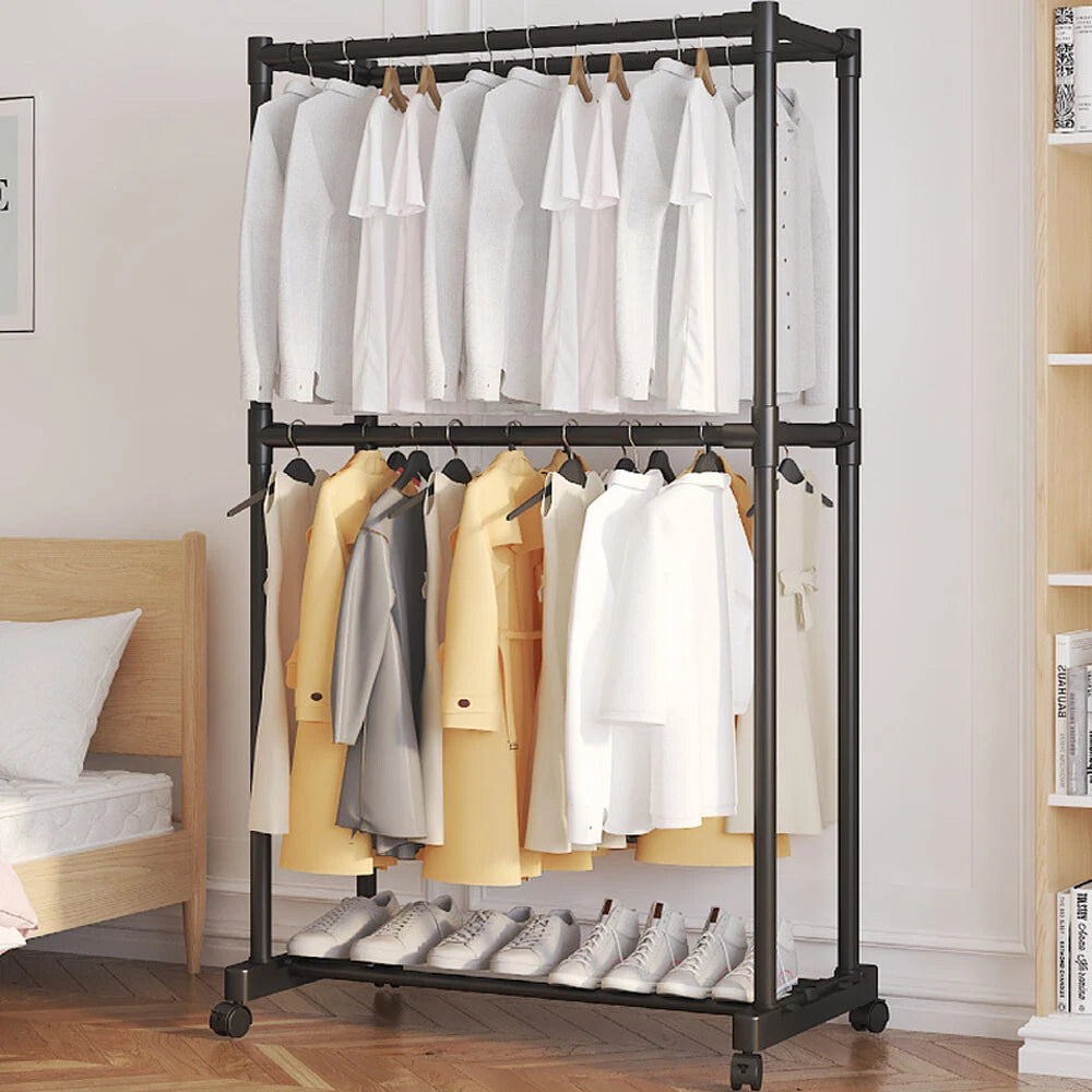 2 Tiers Clothes Rail Rack Garment Hanging Stand Shoe Storage Shelf Open Wardrobe
