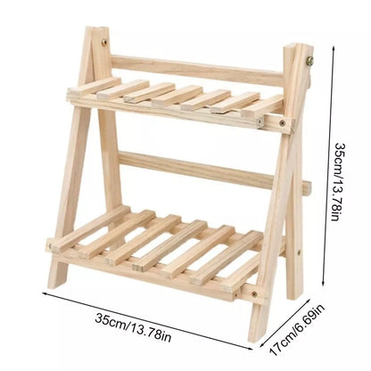 2-Tier Foldable Storage Rack Wooden Ladder Shelf Free-Standing for Home Decor