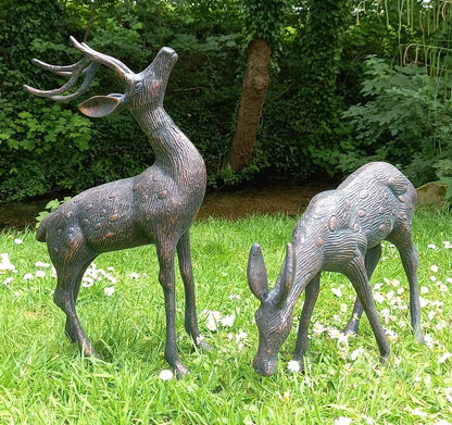 Medium Stag and Doe Deer Garden sculptures cast in Aluminium with aged finish