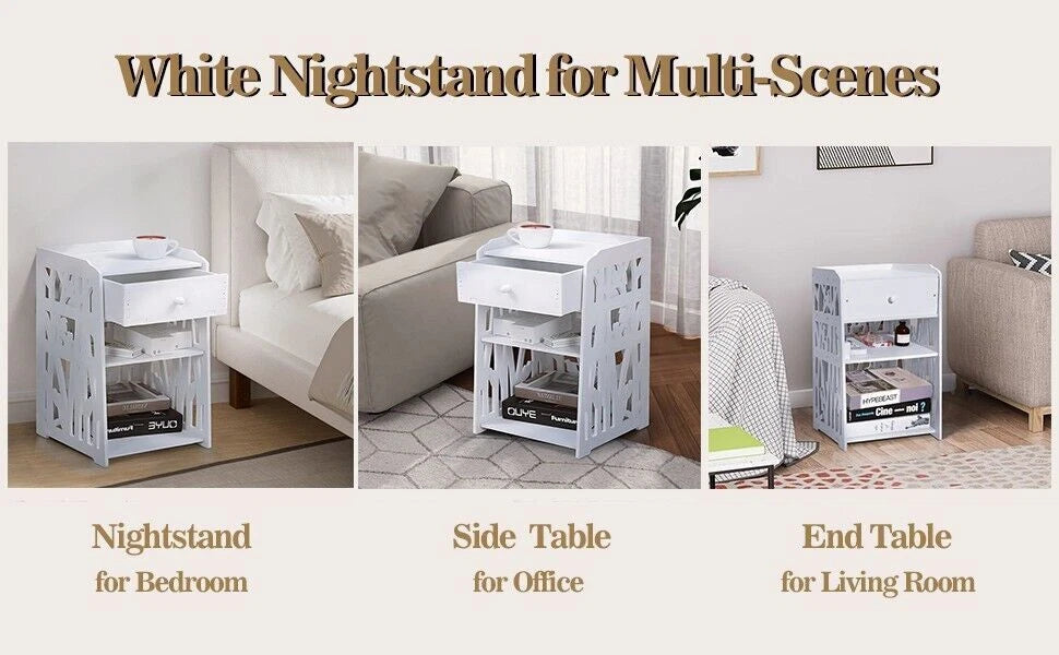 Bedside Table White Drawer Cabinet Small Side End Table Nightstand Storage Shelf