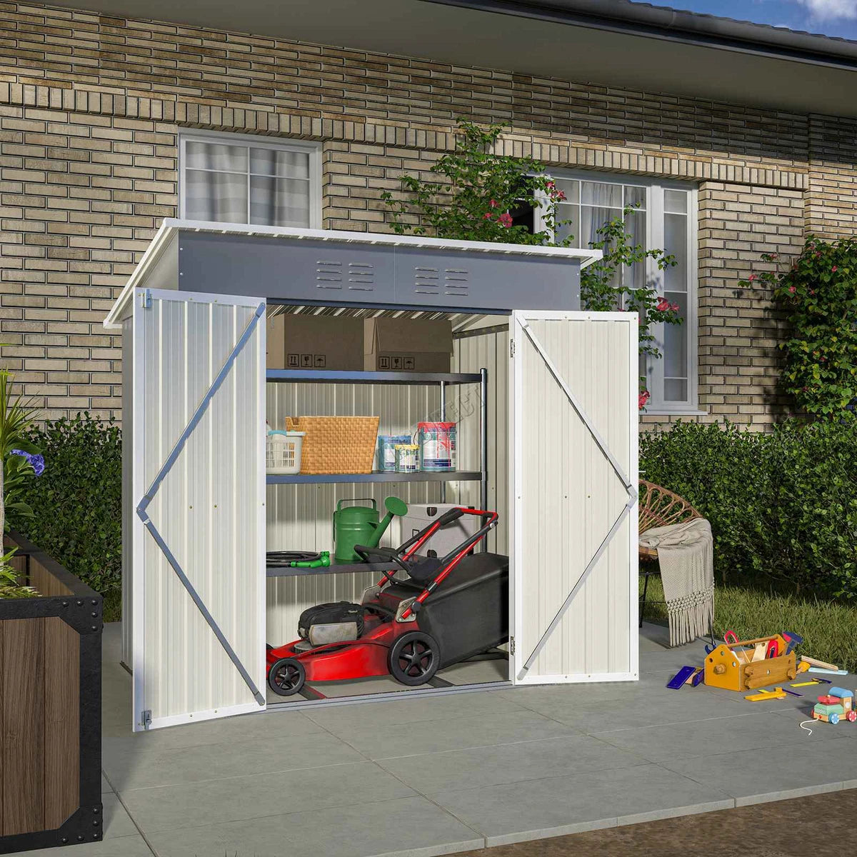 4X6FT Garden Metal Shed Storage House Pent Roof With Free Foundation Base Grey