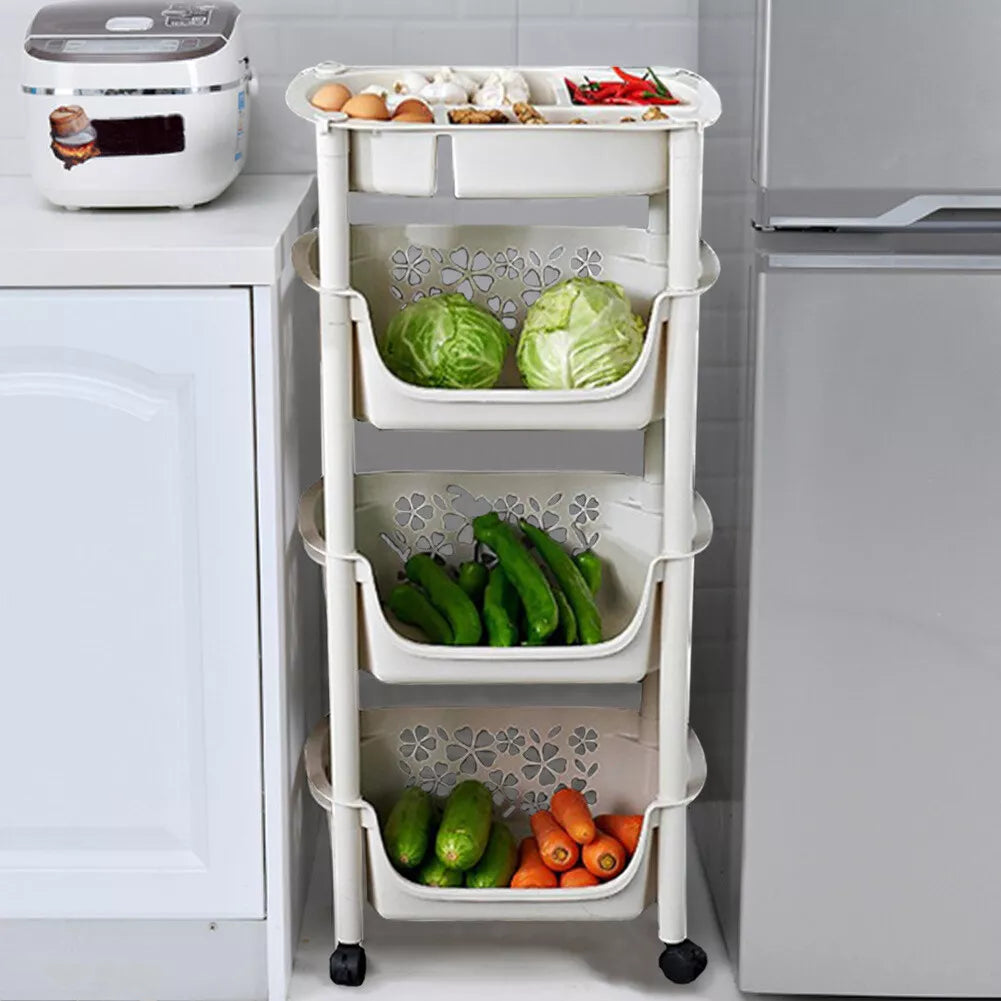 4 Tier Kitchen Basket Storage Trolley Organiser Fruit Vegetable Rack On Wheels