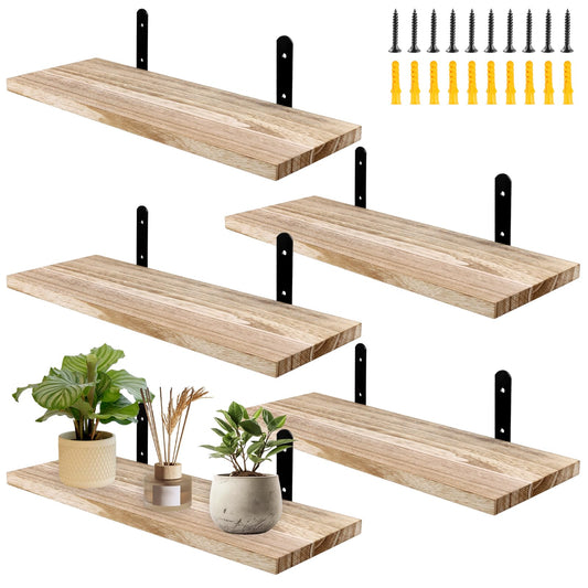 5 Piece Carbonized Natural Wood Shelves Floating Shelves Wall Mounted Storage Wooden Display Shelf
