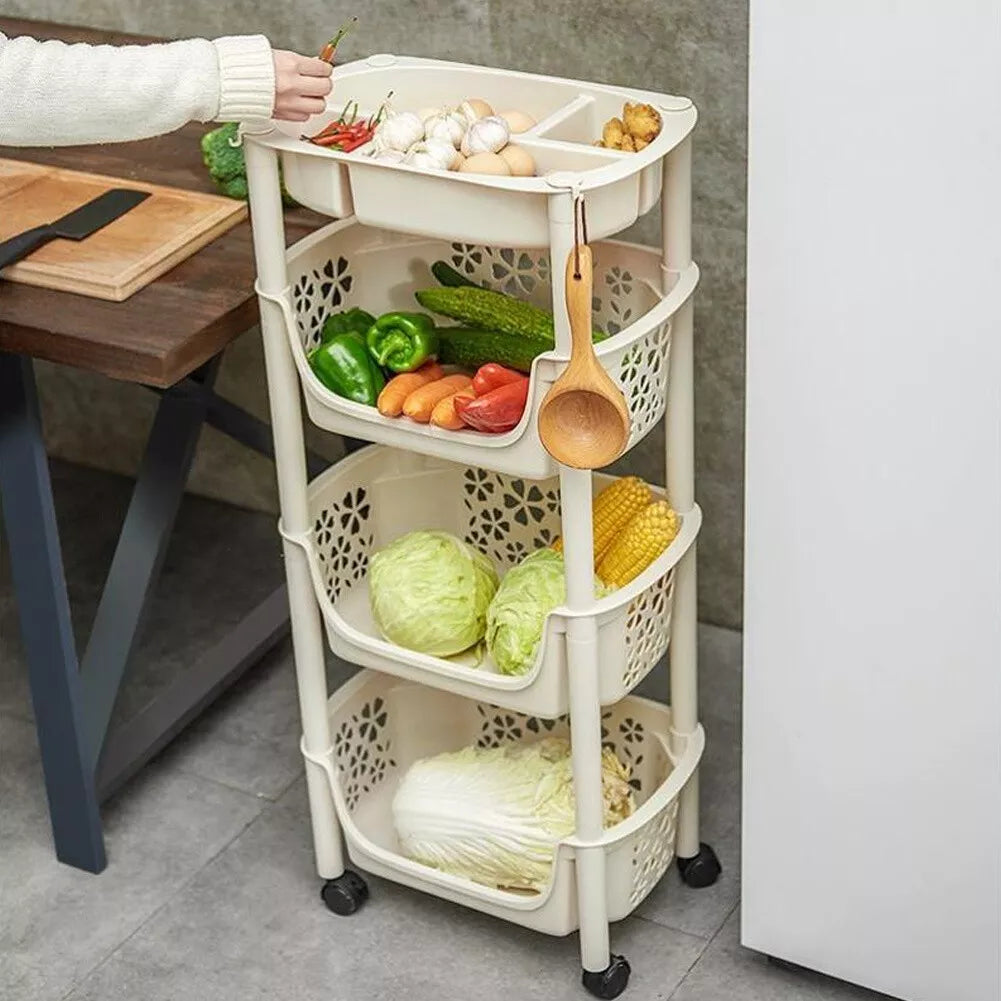 4 Tier Kitchen Basket Storage Trolley Organiser Fruit Vegetable Rack On Wheels
