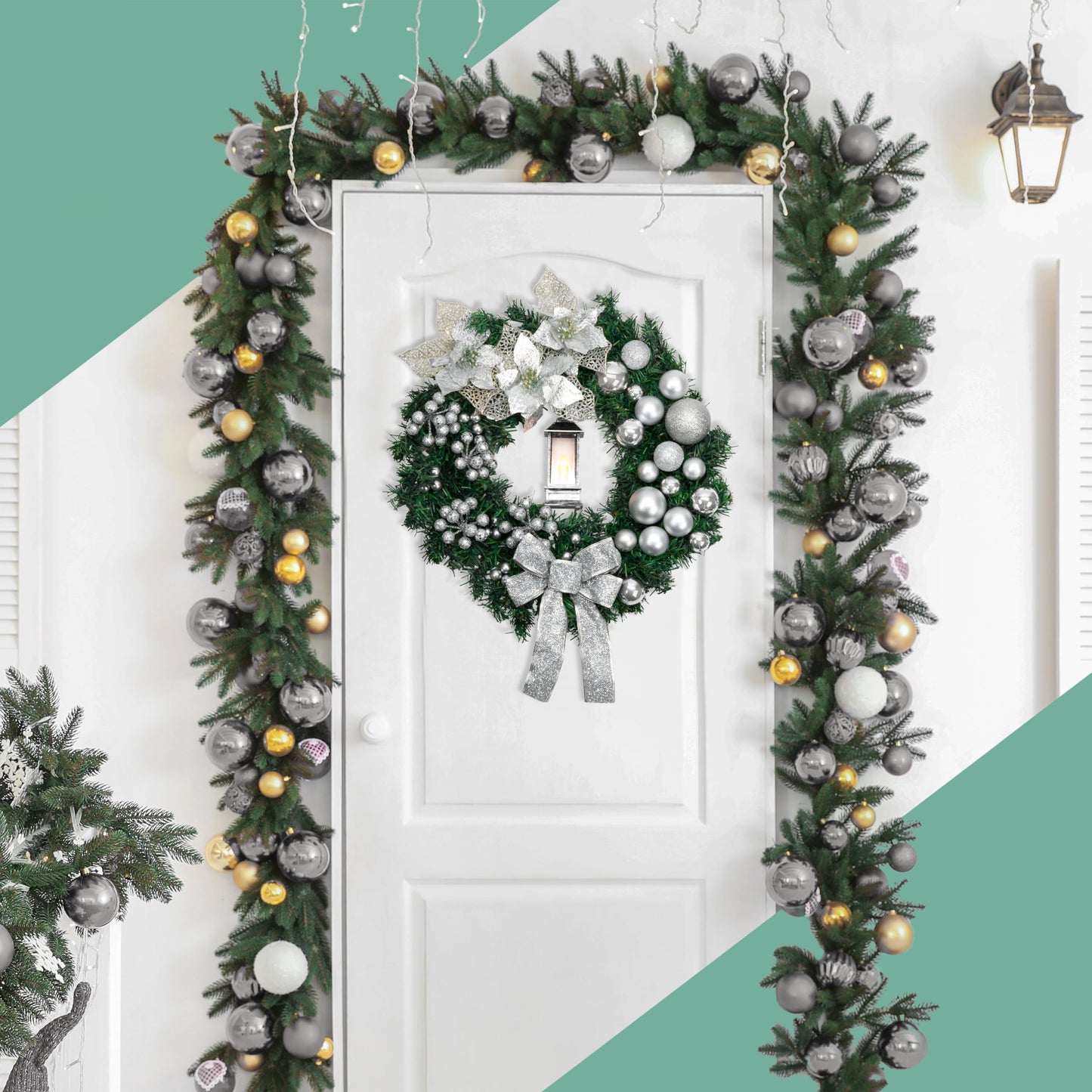 40cm Christmas Wreath with Bows Baubles & Lantern