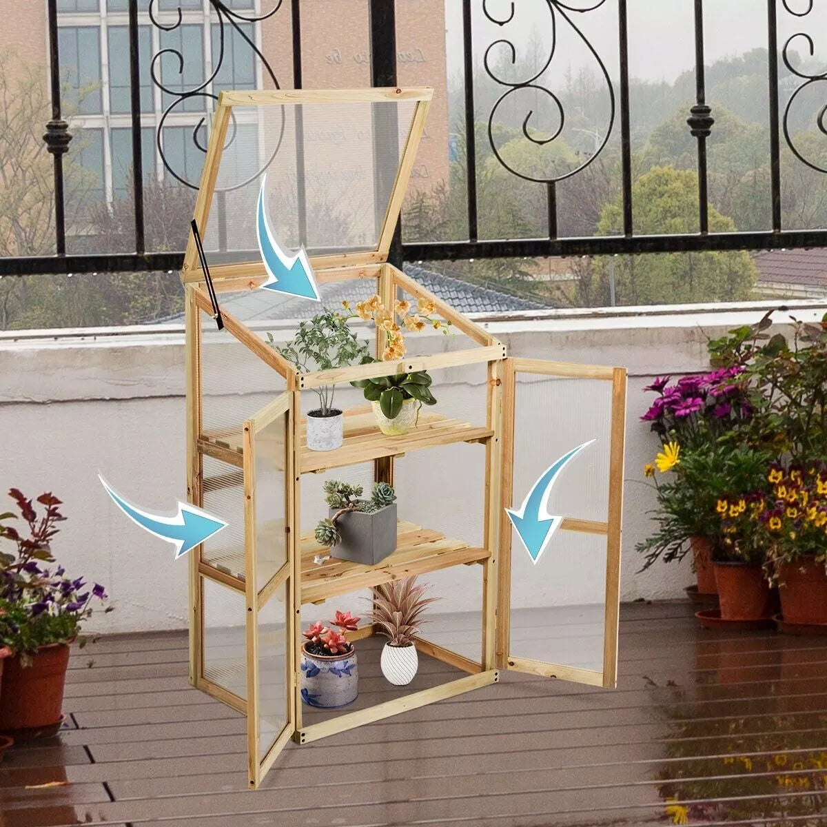Mini Wooden Cold Frame Greenhouse Outdoor 3-Tier Raised Flower Planter Shelf