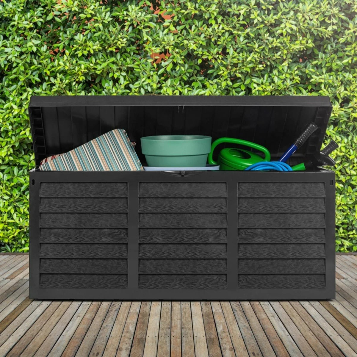 Black 320L Plastic Storage Box Garden Outdoor Shed Utility Cushion Chest Truck