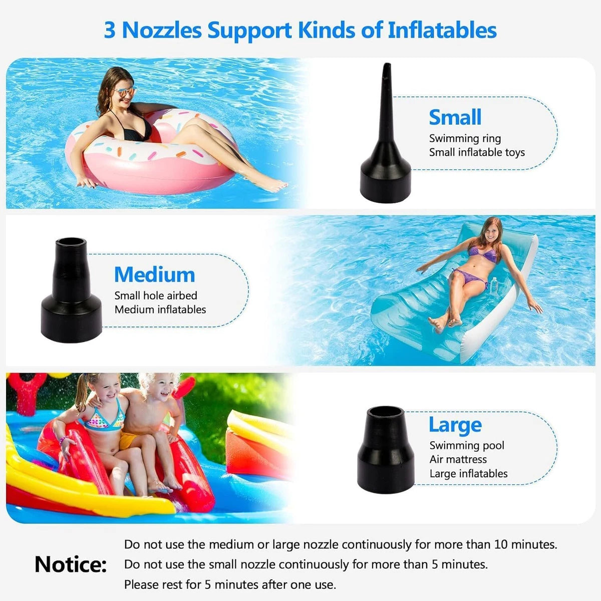 AC Electric Air Pump Camping Inflatables Airbed Mattress Paddling Pool 3 Nozzles