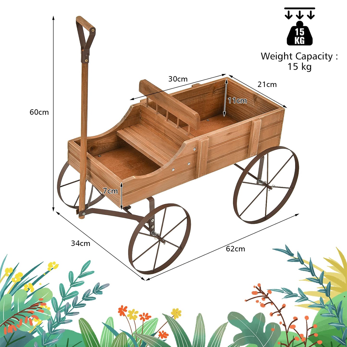 Wagon Garden Planter, Decorative Plant Pot Stand with Rotatable Handle & 4 Wheels
