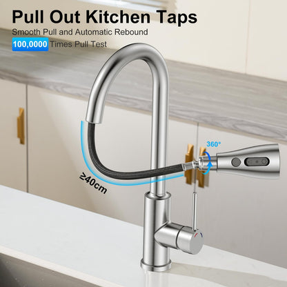 Kitchen Sink Mixer Taps, Pull Out Hose Brushed Stainless Steel 4 Spary Modes,360° Swivel