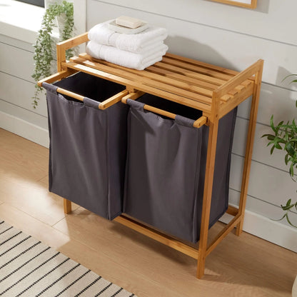 Bamboo Laundry Basket with Grey Pull out Fabric Compartments Bathroom Storage