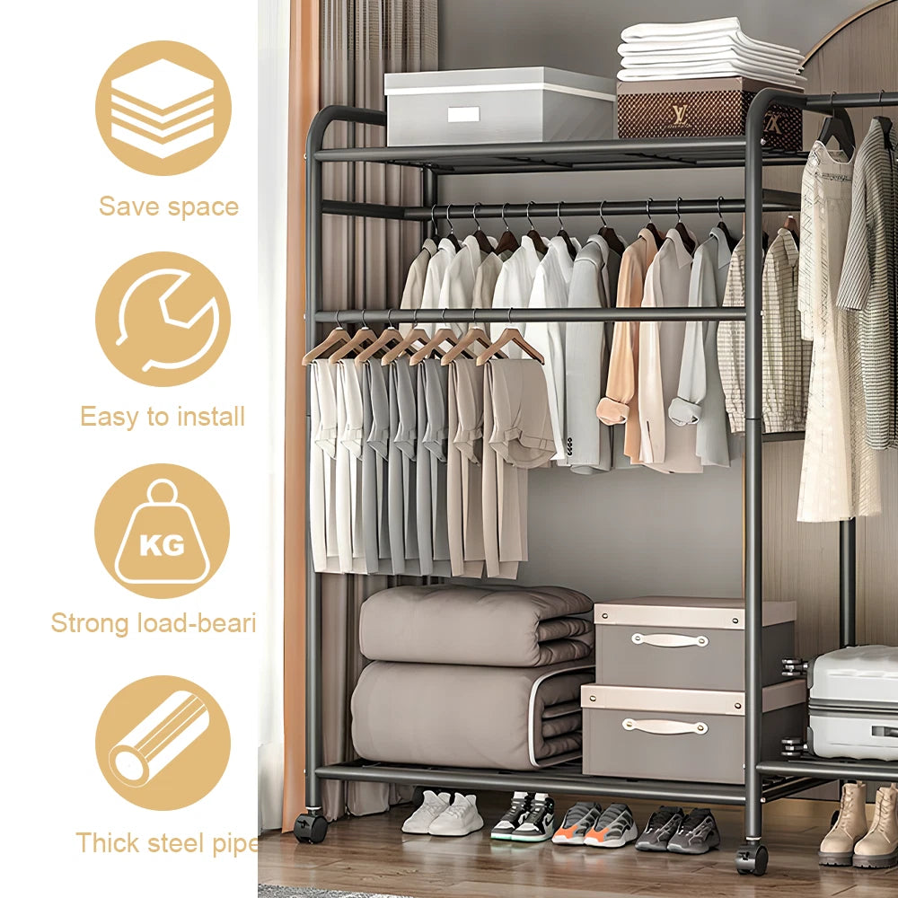 Heavy Duty Double Clothes Rail Rack Garment Hanging Stand Open Wardrobe Shelf UK