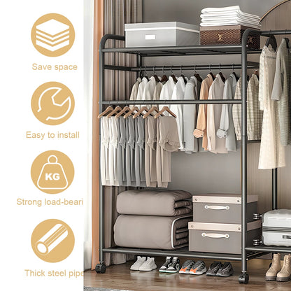 Heavy Duty Double Clothes Rail Rack Garment Hanging Stand Open Wardrobe Shelf UK