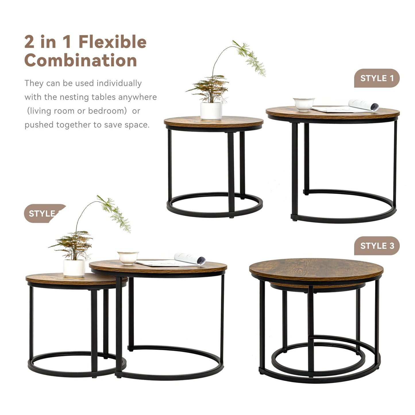 Nesting Coffee Tables Set of 2, Round Stacking Sofa Side Tables for Living Room