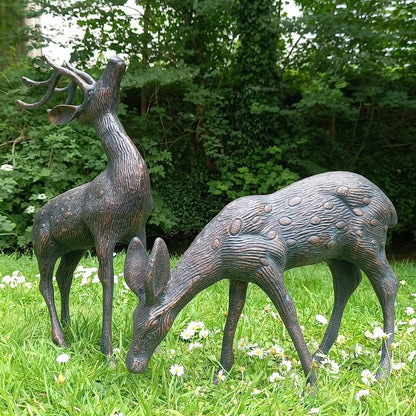 Medium Stag and Doe Deer Garden sculptures cast in Aluminium with aged finish