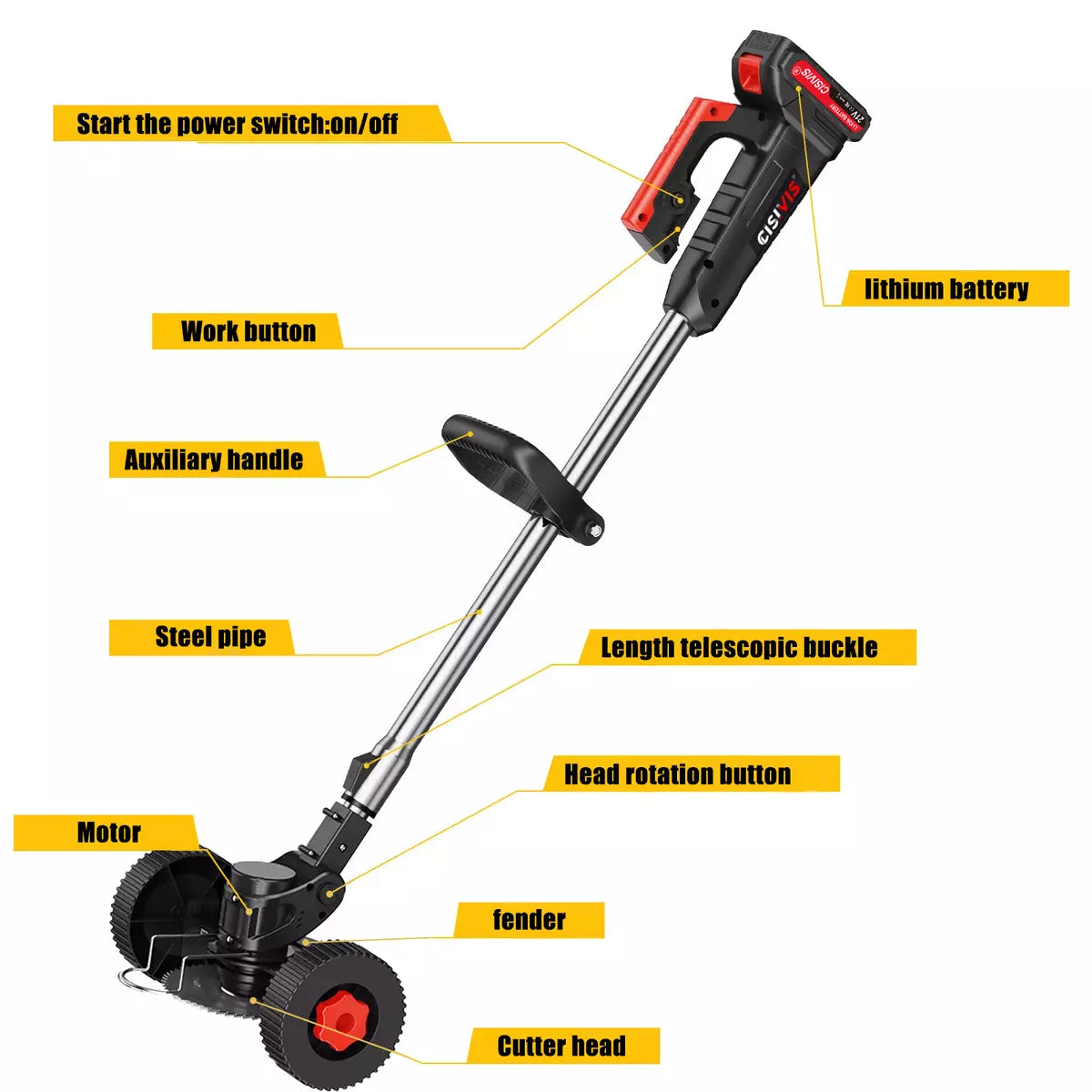Wheel Cordless Strimmer Grass Trimmer Tree Cutter Garden Edger 2 Batteries Set