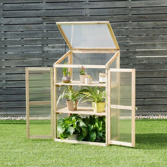 Mini Wooden Cold Frame Greenhouse Outdoor 3-Tier Raised Flower Planter Shelf