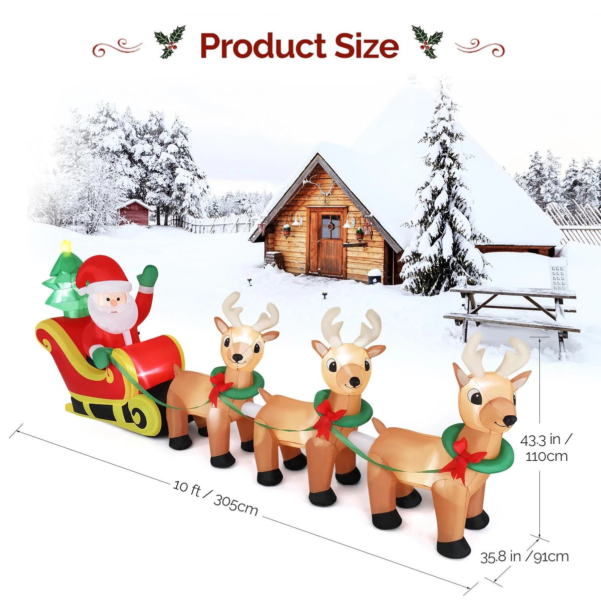 10FT Christmas Inflatable Santa Claus on Sleigh Reindeer LED Lighted Decoration
