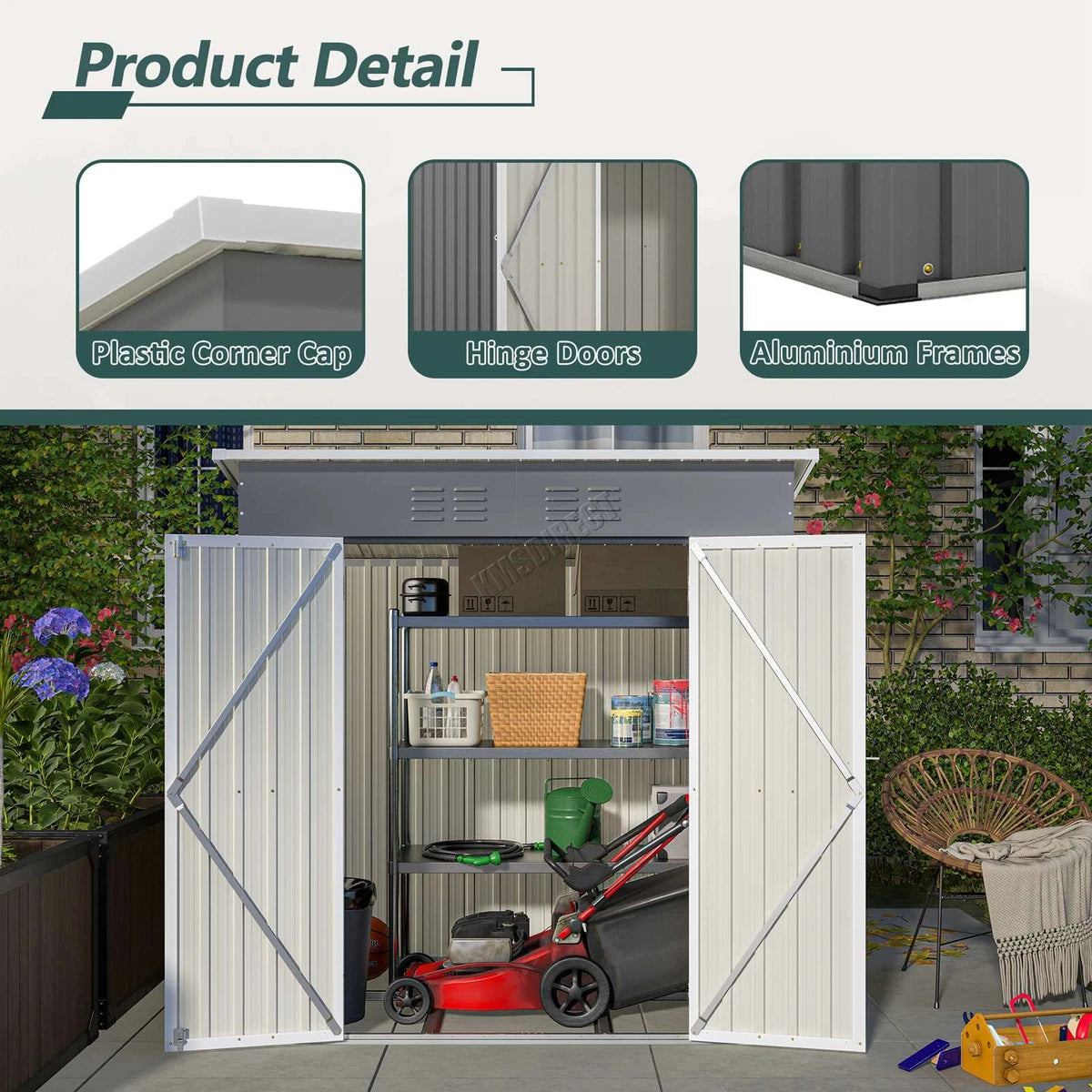 4X6FT Garden Metal Shed Storage House Pent Roof With Free Foundation Base Grey