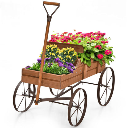 Wagon Garden Planter, Decorative Plant Pot Stand with Rotatable Handle & 4 Wheels