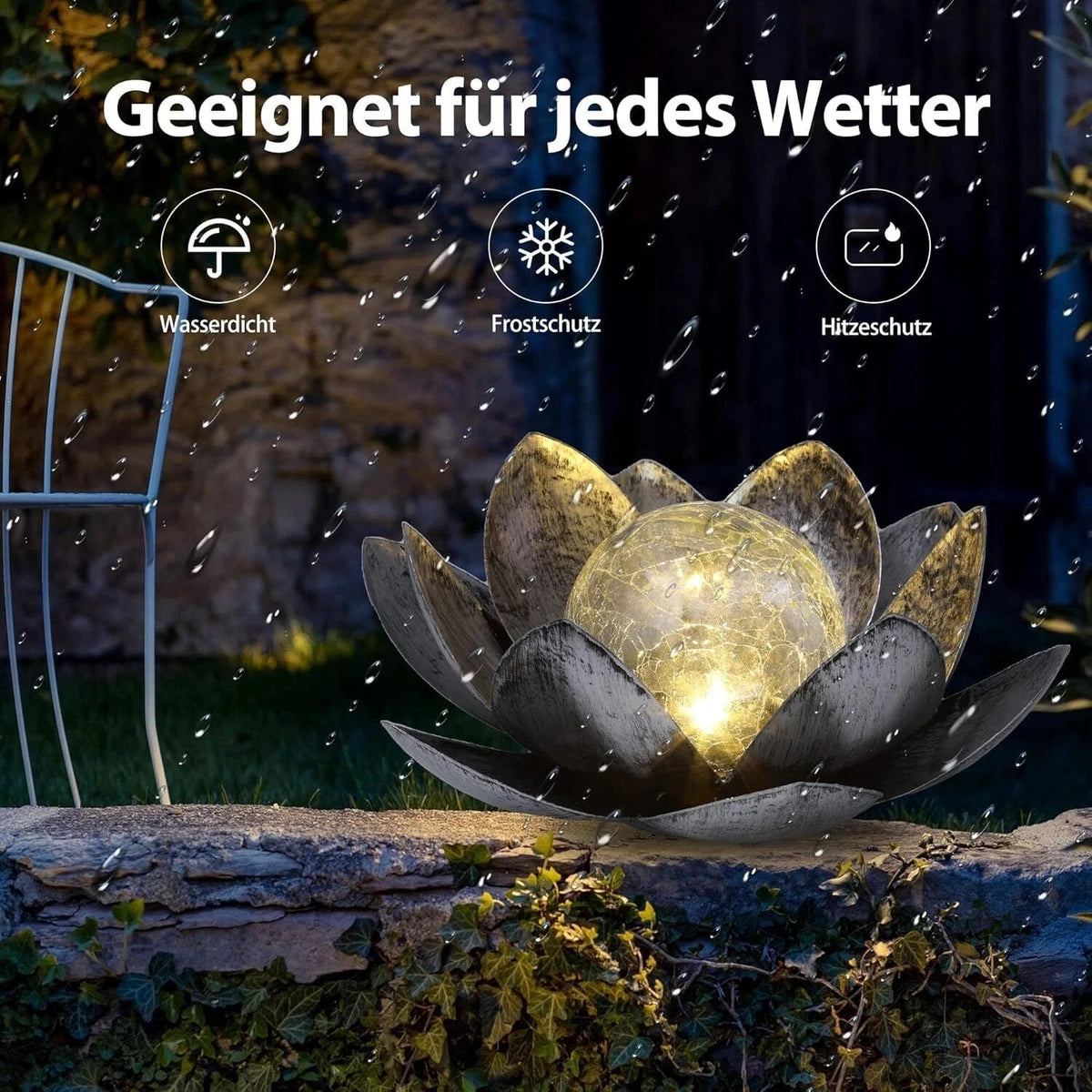 Solar Lotus Flower Light LED  Silver Glass Crackle Ball Ornament 28cm