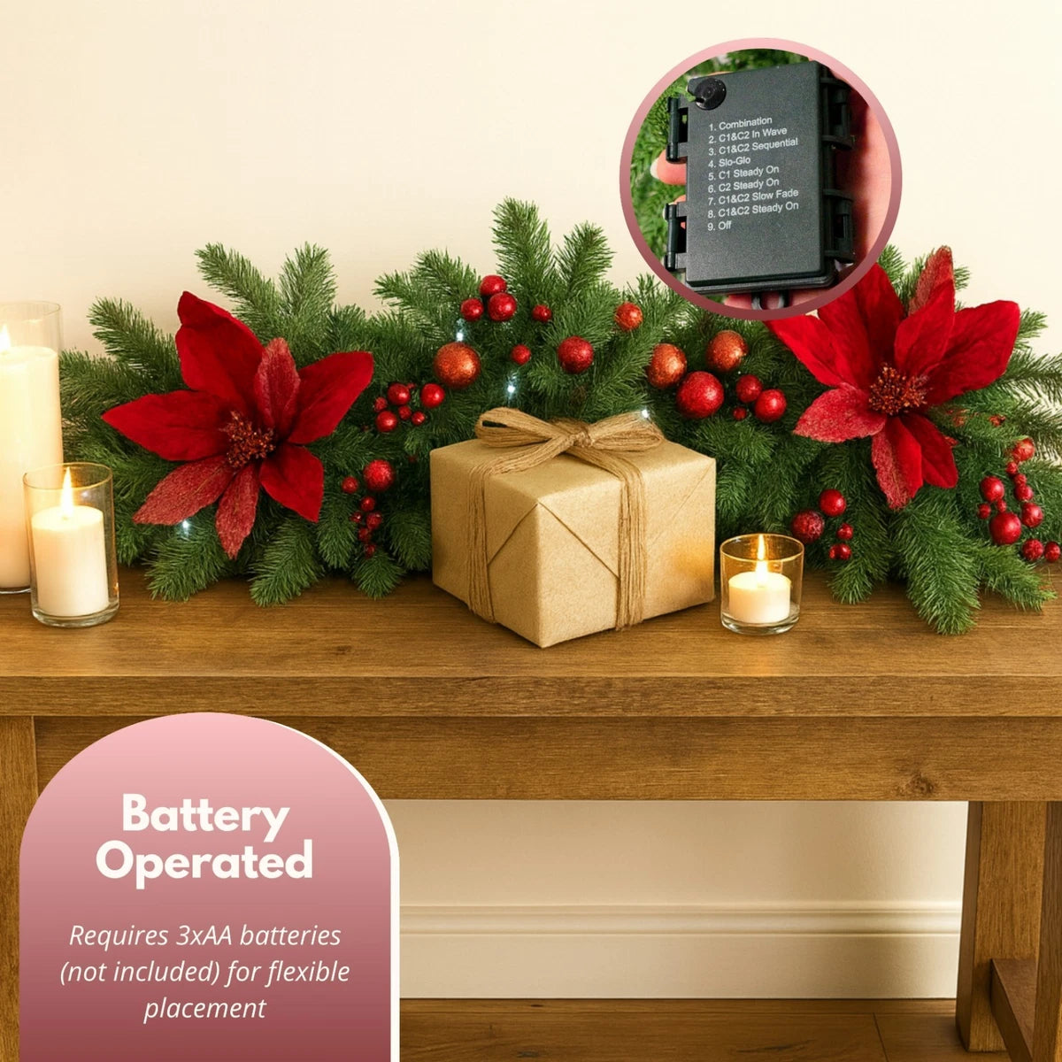 Christmas Light Up Garland 9ft Artificial Luxury Red Poinsettia Warm White LED's