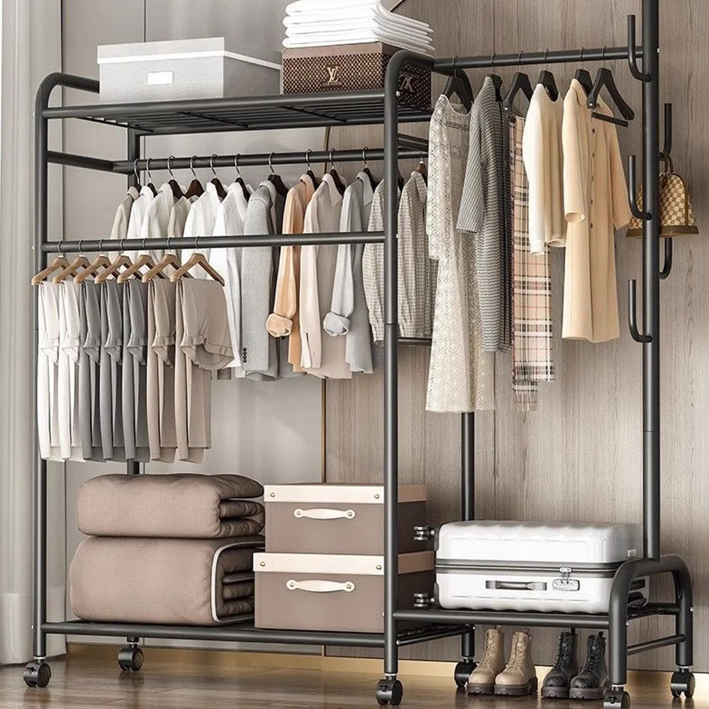 Heavy Duty Double Clothes Rail Rack Garment Hanging Stand Open Wardrobe Shelf UK