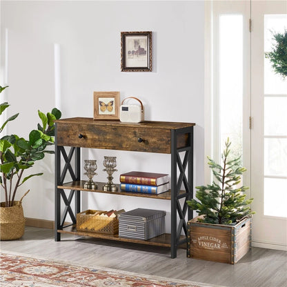 Console Table with Drawer and 2 Open Storage Shelves for Living Room Hallway