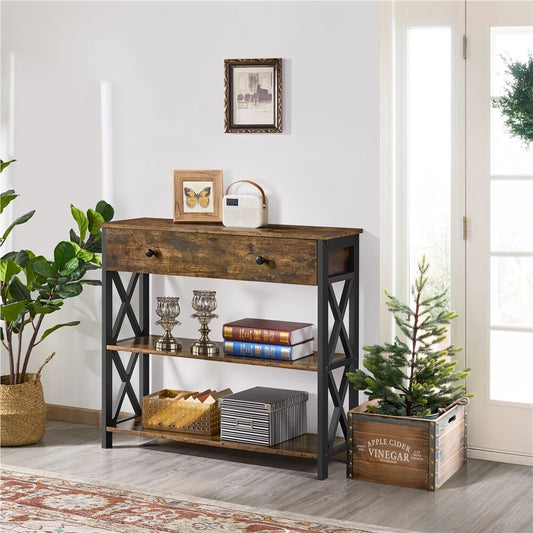 Console Table with Drawer and 2 Open Storage Shelves for Living Room Hallway