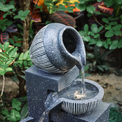 Solar Tiered Water Feature Fountain LED Lights Garden Yard Cascade Statues Pump