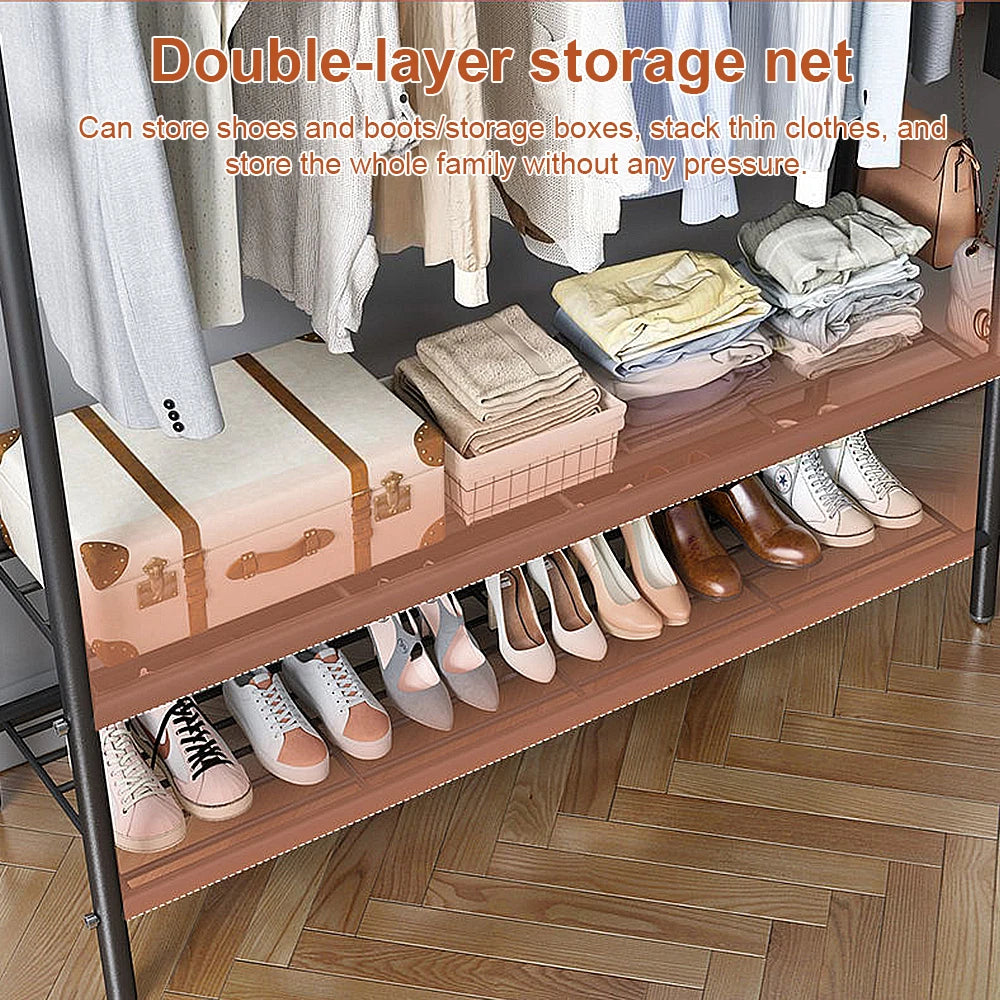 Heavy Duty Double Clothes Rail Rack Garment Hanging Stand Open Wardrobe Shelf UK