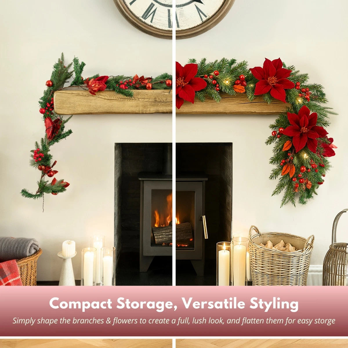 Christmas Light Up Garland 9ft Artificial Luxury Red Poinsettia Warm White LED's