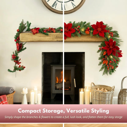 Christmas Light Up Garland 9ft Artificial Luxury Red Poinsettia Warm White LED's